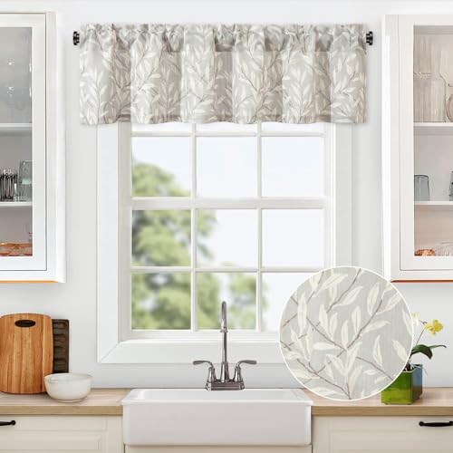 VOGOL Grey Leaf Pattern Window Valance, Country Linen Textured Drapes Short Rod Pocket Decorative Curtain for Kitchen Bathroom Living Room Window, 52 x 14 Inches, 1 Panel - color: Grey, size: 52"W x 14"L (Pack of 1)