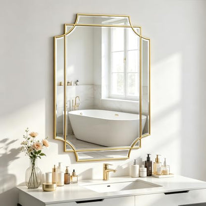 36"x24" Gold Rectangle Beveled Mirror with Geometric Wood Frame - color: Gold, size: 36"L x 24"W
