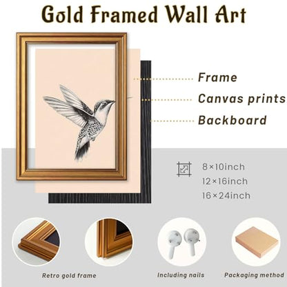 Gold Framed Hummingbird Wall Art Black And White Bird Pictures 12x16 Inch - color: Hummingbird, size: 16"L x 12"W