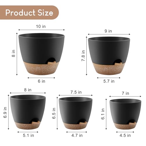 YNNICO Plant Pots 10/9/8/7.5/7 inch, Self Watering Planters with Drainage Holes & Saucers for Indoor and Outdoor Plants (Black) - color: Black, size: 10/9/8/7.5/7 inch