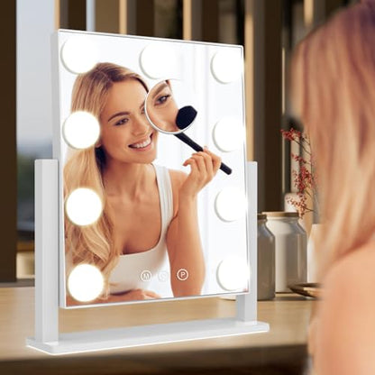 Dirket Vanity Mirror with Lights, Hollywood Lighted Makeup Mirror with 3 Color Lighting Modes and 9 Dimmable Bulbs, Detachable 5X Magnification, Smart Touch Control, 360°Rotation, White - color: 9 Bulbs