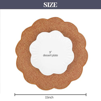 AHHFSMEI Round Scalloped Placemats Set of 6 15 Inch Faux Linen - color: Burnt Orange
