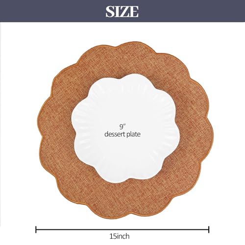 AHHFSMEI Round Scalloped Placemats Set of 6 15 Inch Faux Linen - color: Burnt Orange