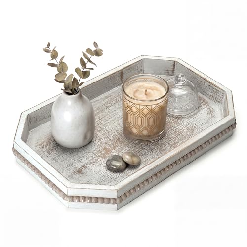 EOSAHR Pine Wood Decorative Tray: Serving Tray for Home Decor, Whitewash - color: Distressed White