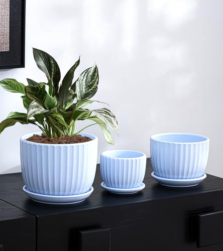 Flower Pots，Ceramic Pots with Drainage Holes & Saucers Set of 3(Sky Blue) - color: Blue