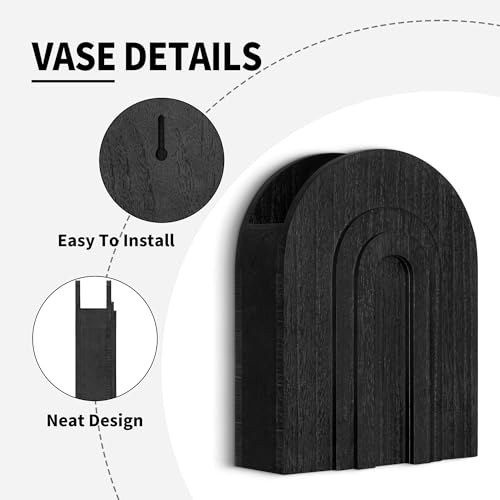 2 Pack Black Wooden Wall Vase for Pampas Grass and Dried Flowers - color: Black-black