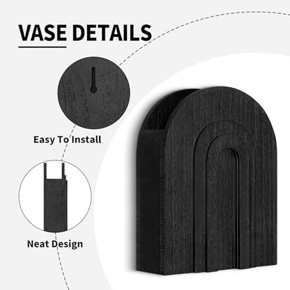 2 Pack Black Wooden Wall Vase for Pampas Grass and Dried Flowers - color: Black-black