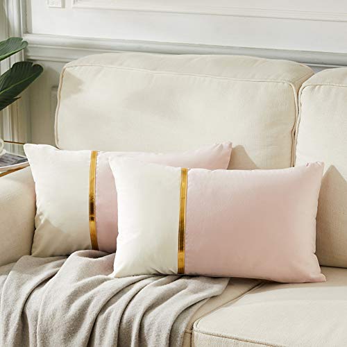 Fancy Homi 2 Packs Decorative Throw Pillow Covers 12x20 Inch for Living Room Couch Bed, Blush Pink and White Velvet Patchwork with Gold Leather, Luxury Modern Home Decor, Lumbar Cushion Case 30x50 cm - color: Pink, size: 20" x 12" (Pack of 2)