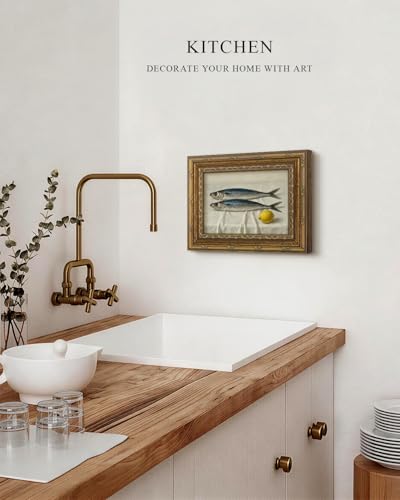 VIYYIEA Gold Framed Canvas Wall Art, Vintage Sardine Fish Lemon Still Life Oil Painting, Impressionist Aesthetic Artwork, Wall Decor for Kitchen, Dining Room, 8x10 Inch, No Glass - color: Sardine Still Life, size: 10"L x 8"W