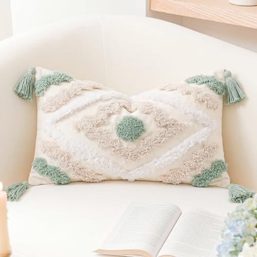 NUYECY Decorative Farmhouse Throw Pillow Covers 12 x 20,Modern Neutral Couch Pillow Cover,Cotton Checked Pattern Boho Lumbar Pillow Case Cover for Couch Bed Sofa Bedroom,Green&Beige&White - color: Green, size: 20" x 12" (Pack of 1)