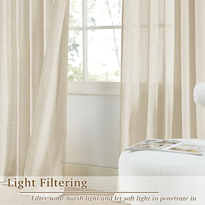 StangH Sheer Linen Curtains 84 inch Length 2 Panels Set, Natural Flax Linen Semi Sheer Curtains Soft Breathable Light Filtering Farmhouse Drapes for Living Room Sliding Door, W55 x L84