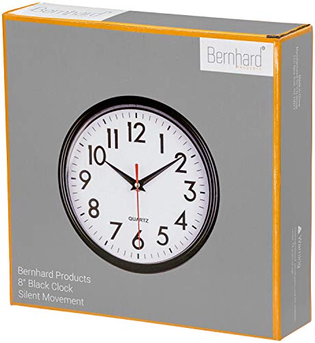 Bernhard Products Black Wall Clock 8" Silent Non-Ticking Quality Quartz Battery Operated Small Clock for Home/Office/Kitchen/Classroom/Bedroom Easy to Read - color: Black