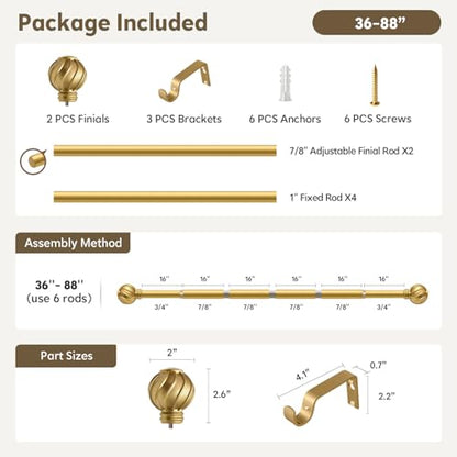 Gold Curtain Rods for Windows 48 to 84 Inch 7/8" Diameter - color: Gold, size: 36"-88"|1 Pack