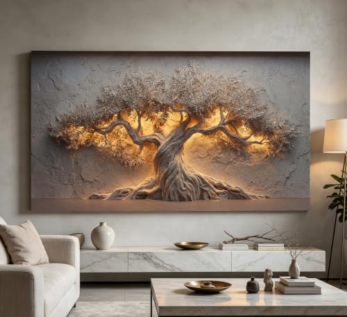 ZAWUDVC Large Tree of Life Wall Art, Neutral Nature Big Tree Botanical Canvas Print Poster, Rustic Stone Wall Decor for Living Room Bedroom Hotel, Earth Tone, - color: Tree of Life, size: 48"L x 24"W