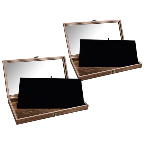 MOOCA Wood Jewelry Display Case with Tempered Glass Top, Black Velvet Pad - color: 9D) Brown, 2 pieces