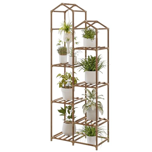 Bamworld Plant Stand Indoor Outdoor 6 Tier Tall Large Wood Plant Shelf - color: Brown, size: 6 Tiers - Roof Shaped