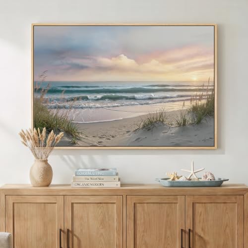 Framed Coastal Beach Sunset Landscape Wall Art for Living Room, 24x36 In - color: Blue-A