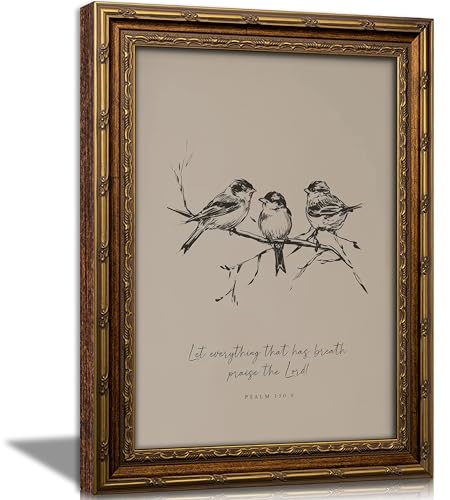 Vintage Gold Framed Christian Bird Wall art, Bible Verse Sketch Canvas Print, Cottagecore Scripture Picture Wall Decor, Psalm 150:6 Neutral Painting Poster Artwork for Living Room Bedroom - color: Bible Bird, size: 16"L x 12"W