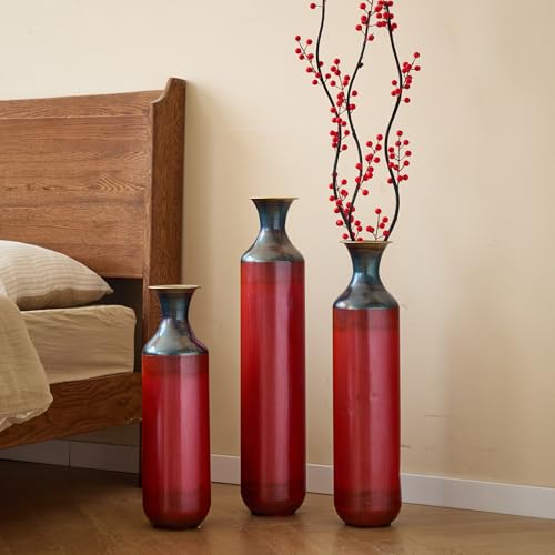 Metal Tall Floor Vase Set of 3, Large Vase Decorative Tall Stand Vases for Dried Flower, Modern Home Decor for Living Room, Hallway, Wedding Centerpiece, 20.47"/24.41"/28.35", Red Industrial Style - color: Red Industrial Style