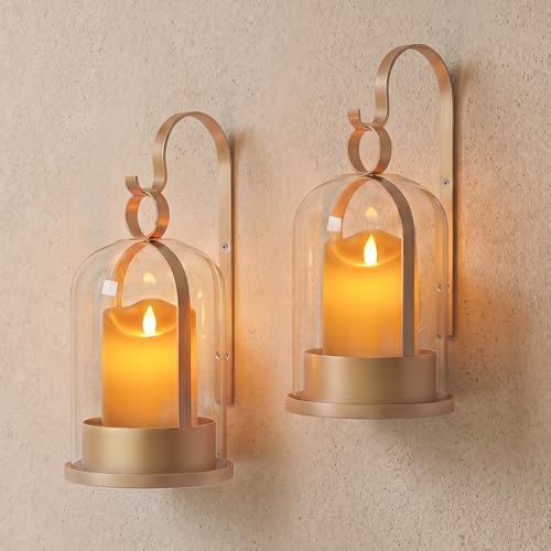 Gold Glass Lanterns Wall Candle Sconces Set of Two, Vintage Metal Hurricane Wall Candle Holders Decorative, Hanging Lantern Rustic Farmhouse Decor for Home Bedroom, Hallway, Living Room