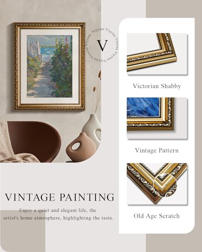 VIYYIEA Gold Framed Coastal Garden Wall Art Canvas Painting, 13×16 Inch - color: Coastal Garden Painting, size: 16"L x 13"W