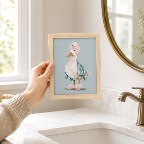 Framed Funny Duck Bathroom Wall Art, Cute Goose in Bathrobe Canvas Print - color: KJSM-06 Framed, size: 10"L x 8"W