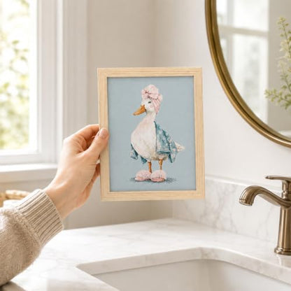 Framed Funny Duck Bathroom Wall Art, Cute Goose in Bathrobe Canvas Print - color: KJSM-06 Framed, size: 10"L x 8"W