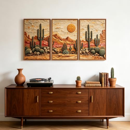 Aurlan 3D Textured Cactus Arizona Desert Framed Canvas Wall Art 16x24 Inch - color: Cactus Desert (3D Textured), size: 16"L x 24"W