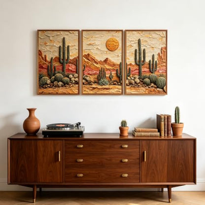 Aurlan 3D Textured Cactus Arizona Desert Framed Canvas Wall Art 16x24 Inch - color: Cactus Desert (3D Textured), size: 16"L x 24"W