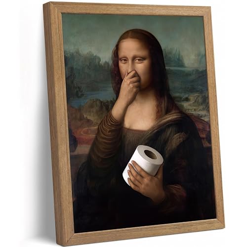 DGBQMK Funny Bathroom Wall Art Mona Lisa Parody Framed Canvas Print, Classic Portrait Toilet Paper Humor Picture for Restroom Decor, Natural Solid Wood Frame, 8x10 inch - color: monalisa, size: 10"Lx8"W