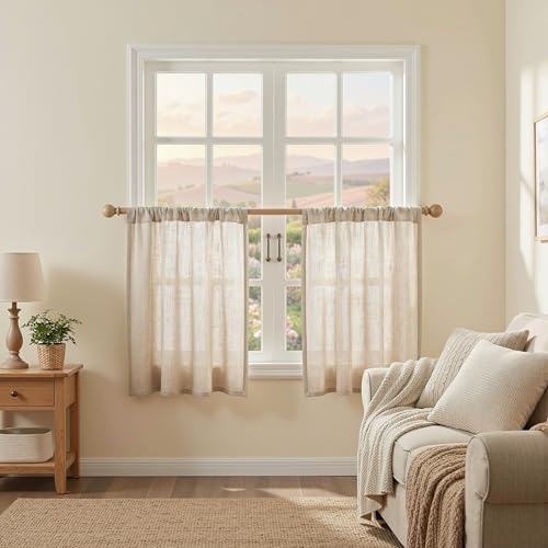 MYSKY HOME Kitchen Semi Sheer Oatmeal Curtains 24 Inch Long, Light Filtering Window Panels Rod Pocket Valance Neutral Drapes for Small Window/Cafe/Bathroom Basement, Taupe, 2 Panels, 34 x 24 Inch - color: Taupe, size: 34"W x 24"L (Pack of 2)