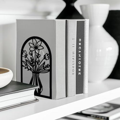 Peacoblue 5.3"x4.3"x7.9" Metal Bookends, Heavy Duty Book Ends for Shelves - color: Vase With Flowers
