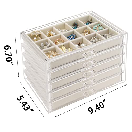 Watpot Acrylic Jewelry Box 5 Drawers Clear Earring Storage Organizer Display Case - color: Beige 5 Layers