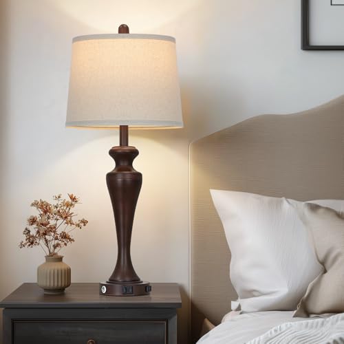 30" Brown Table Lamp Single, 3-Way Touch Control Bedside Lamp with USB A+C Ports and AC Outlet, Tall Living Room Lamps for End Table, Elegant Coffee Bedroom Lamps for Night Stand - color: Brown1-1PK