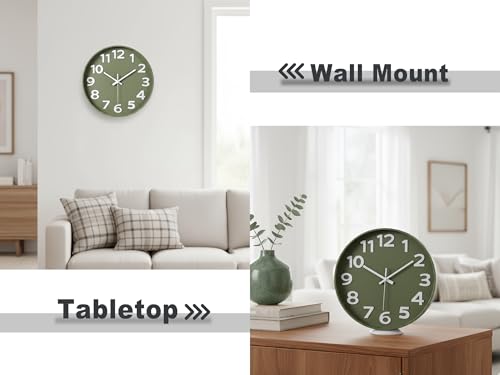 45MinST 12 Inch 3D Number Dial Face Modern Indoor Outdoor Clock, Silent Non-Ticking Round Home Decor Wall Clock with Arabic Numerals, Colorful Dial Face (Olive Green) - color: 12''olivegreen