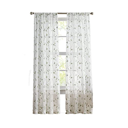 Curtainworks Botanical Embroidery Sheer Window Curtain Collection, Rod Pocket, 84-inch Panel Pair, Sage, Green - color: Green, size: 37"W x 84"L (Pack of 2)