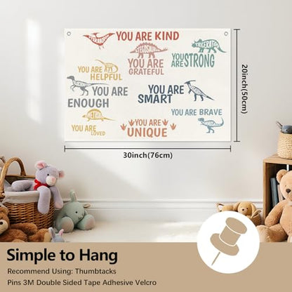 Dinosaur Motivational Poster Linen Canvas Banner Kids Room Decor Playroom - color: Be Kind Dinosaurs