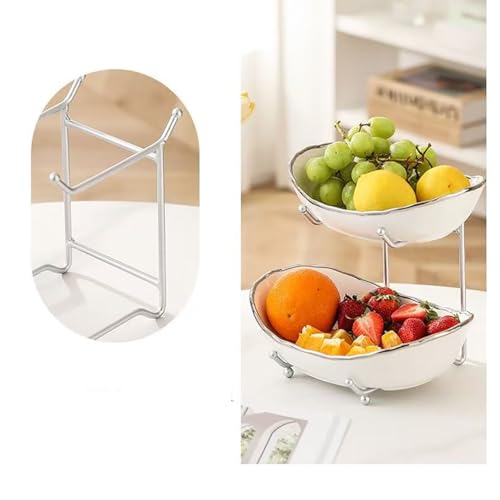 2-Tier Fruit Bowls for Kitchen Counter,Ceramic White Bowl with Silver Metal Stand,2 Tier Fruit Basket for Fruit,Snack,Cake,Nuts,Dessert Space Saving Storage - color: Silver&White