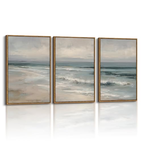 InSimSea Oversized Vintage Landscape Art, Coastal Picture, 3Pcs,16x24in | Framed Canvas Artwork, Teal Blue, Rustic Nature Decor, Bedroom Above of Bed Living Room Hallway - color: Teal Blue Coastal