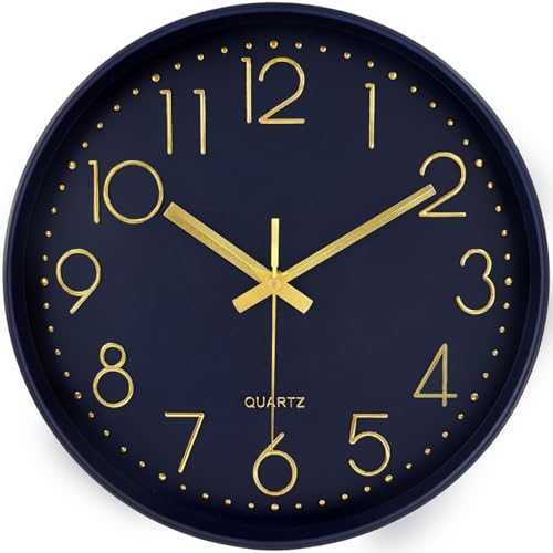 Silent Wall Clocks Battery Operated 8 Inch, Analog Wall Clock with Large Number Tempered Glass Clock Face, Navy Blue Quartz Non Ticking Wall Clocks for Living Room Bedroom Kitchen Office - color: Navy Blue, size: 8 Inch
