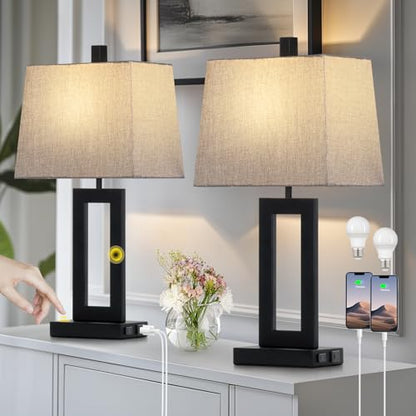 Cinkeda Bedside Table Lamp Set of 2,Nightstand Touch Lamps with USB Port - color: C.Gray&Black
