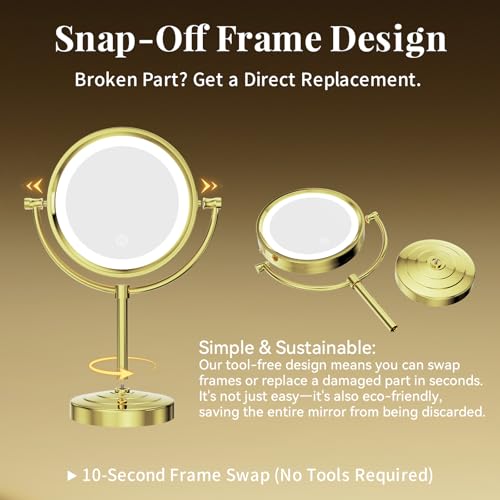 GURUN 8.5 Inch LED Lighted Tabletop Makeup Mirror with 10x Magnification Dimmable 3 Colors Touch Control 4500mAh Double Sided Gold Finish 2208D-T(10x, Gold) - color: Gold-batterie-touch Control