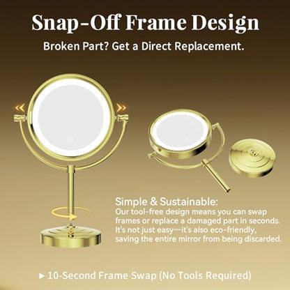 GURUN 8.5 Inch LED Lighted Tabletop Makeup Mirror with 10x Magnification Dimmable 3 Colors Touch Control 4500mAh Double Sided Gold Finish 2208D-T(10x, Gold) - color: Gold-batterie-touch Control