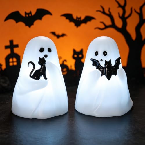 GenSwin Bat & Cat Ghost Halloween Ghost Flameless Candles with Timer - color: Bat & Cat Ghost
