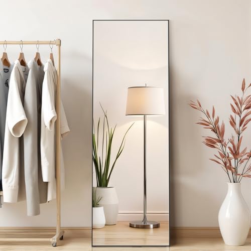 Mirror Full Length, Upgraded 16"x59" Body Wall Mirrors with Shatter-Proof Glass, Floor Standing, Hanging or Leaning, Tall Mirror with Stand Aluminum Alloy Frame for Bedroom Cloakroom - color: Claccic Black-rect, size: 59"L x 16"W