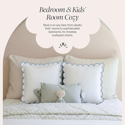 BEBE BASK Scalloped Pillow Cover Set of 2, 18x18, 100% Cotton - White/Blue - color: White/Blue