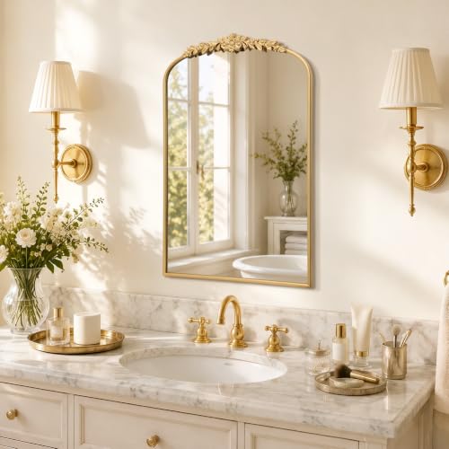 Besdomus Gold Arched Mirror for Bathroom: 24"x36" Vintage Vanity Mirror - size: 36"L x 24"W
