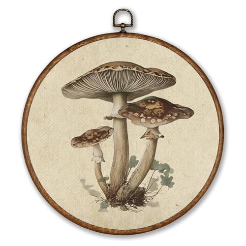 Voxitura Vintage Mushroom Fall Wall Art Round Framed, Rustic Farmhouse Wall Decor Canvas Hanging Living Room, Autumn Botanical Paintings Prints Artwork Decorations for Bedroom Thanksgiving 10x10in - color: Mushroom