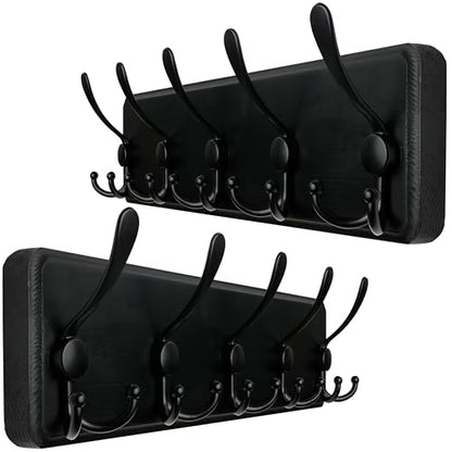 WEBI Rustic Coat Rack Wall Mount,Wood Coat Hooks Wall Mounted Coat Hanger,16" Hole to Hole,Hook Rack Rail,5 Triple Hooks for Hanging Coats,Hats,Jacket,Clothes,Entryway,Black,2 Packs - color: Black, size: 5 Hooks(2 Packs)