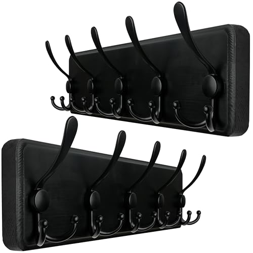 WEBI Rustic Coat Rack Wall Mount,Wood Coat Hooks Wall Mounted Coat Hanger,16" Hole to Hole,Hook Rack Rail,5 Triple Hooks for Hanging Coats,Hats,Jacket,Clothes,Entryway,Black,2 Packs - color: Black, size: 5 Hooks(2 Packs)